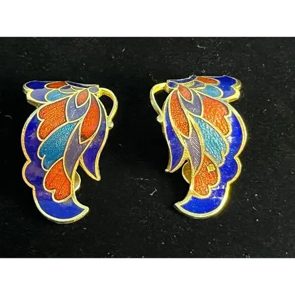 VTG Cloisonné Earring Lot of 4 Enamel Butterfly, Dangle Floral, Clip On Floral